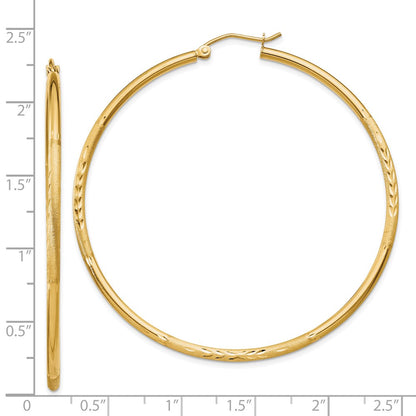 14K Yellow Gold Satin And Diamond-Cut 2mm Round Tube Hoop Earrings