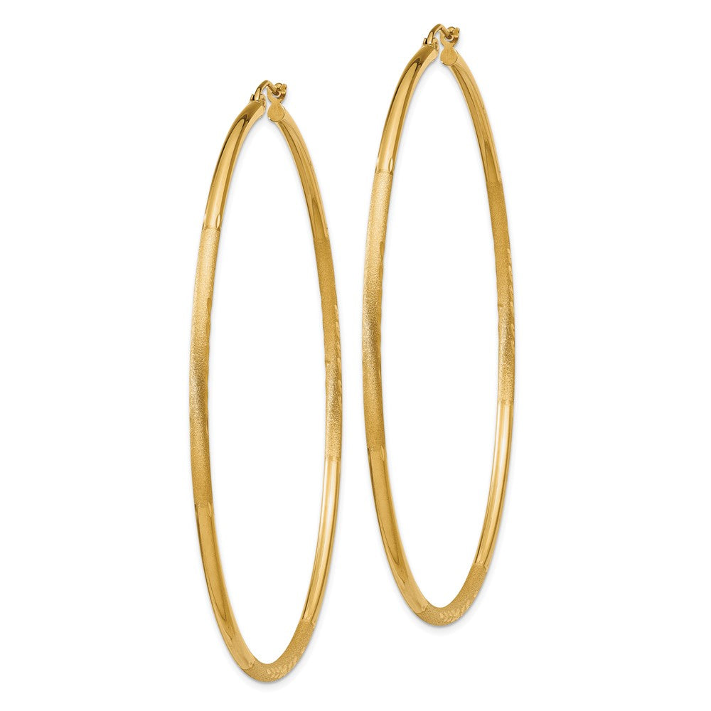 14K Yellow Gold Satin And Diamond-Cut 2mm Round Tube Hoop Earrings