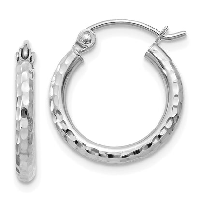 14K White Gold Diamond-Cut 2mm Round Tube Hoop Earrings