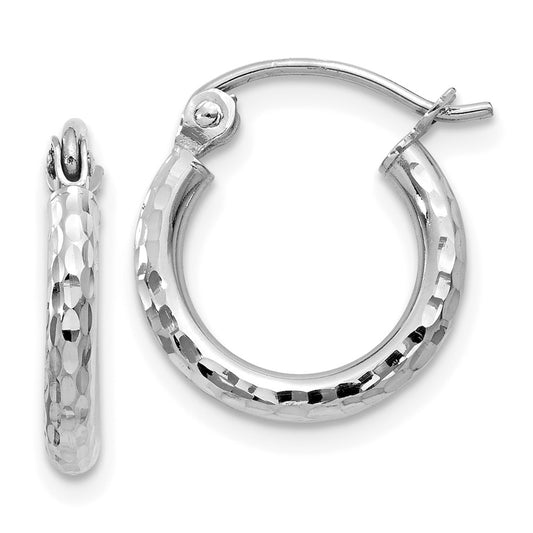 14K White Gold Diamond-Cut 2mm Round Tube Hoop Earrings