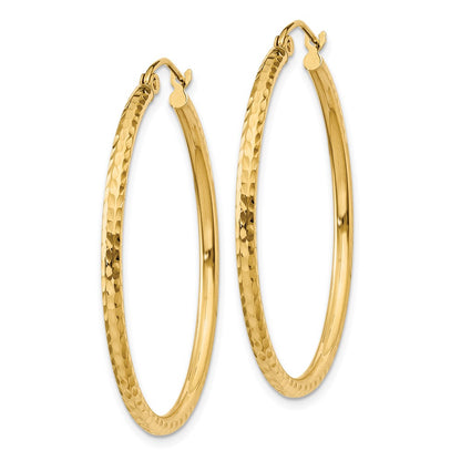 14K Yellow Gold Diamond-Cut 2mm Round Tube Hoop Earrings