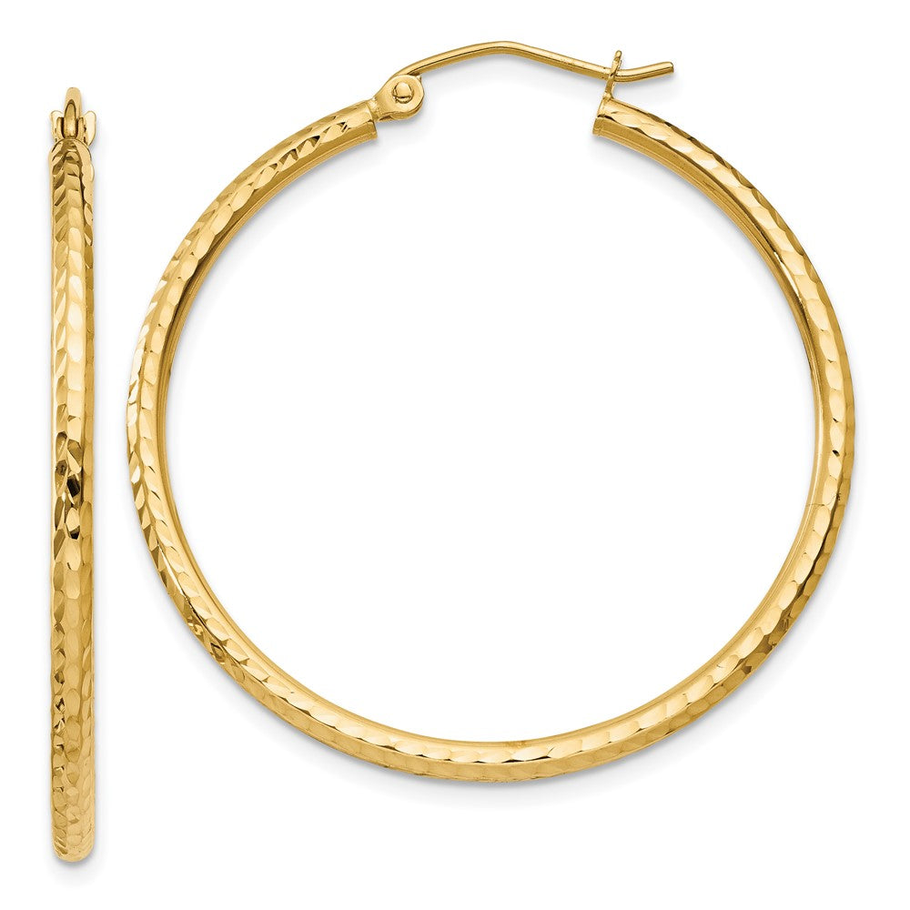 14K Yellow Gold Diamond-Cut 2mm Round Tube Hoop Earrings