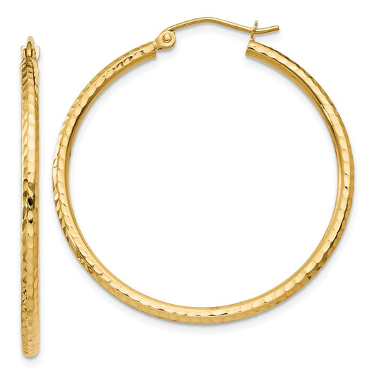 14K Yellow Gold Diamond-Cut 2mm Round Tube Hoop Earrings