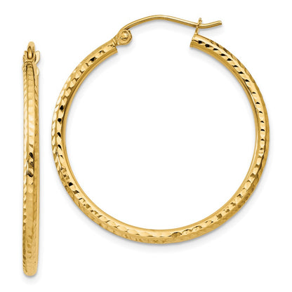 14K Yellow Gold Diamond-Cut 2mm Round Tube Hoop Earrings