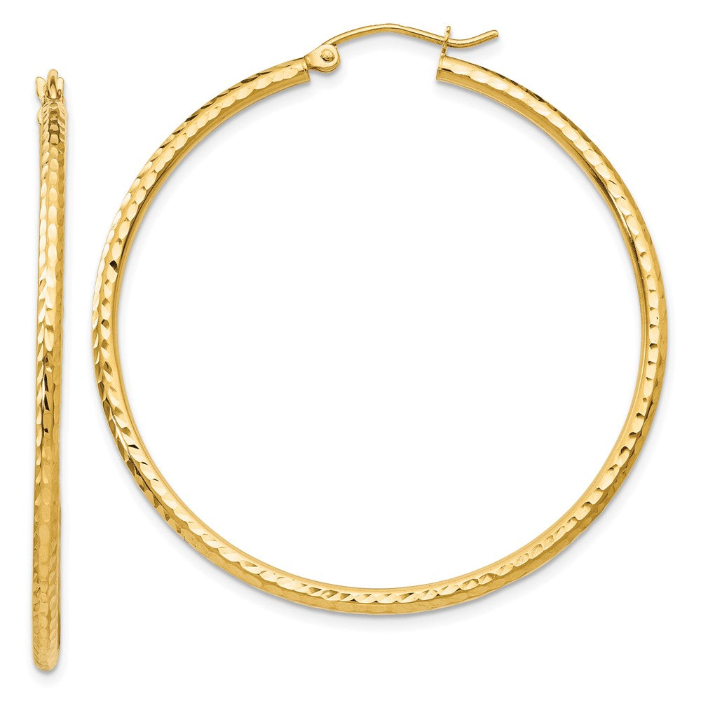14K Yellow Gold Diamond-Cut 2mm Round Tube Hoop Earrings