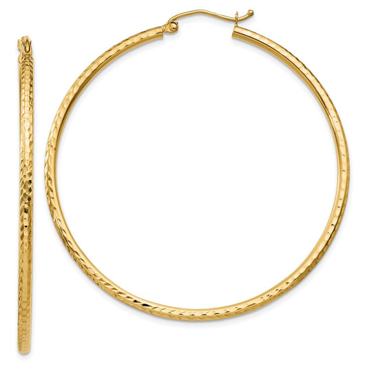 14K Yellow Gold Diamond-Cut 2mm Round Tube Hoop Earrings