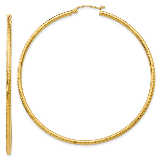 14K Yellow Gold Diamond-Cut 2mm Round Tube Hoop Earrings