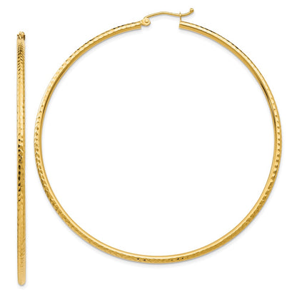 14K Yellow Gold Diamond-Cut 2mm Round Tube Hoop Earrings