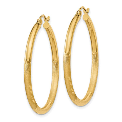 14K Yellow Gold Satin & Diamond-Cut 2.5mm Round Hoop Earrings