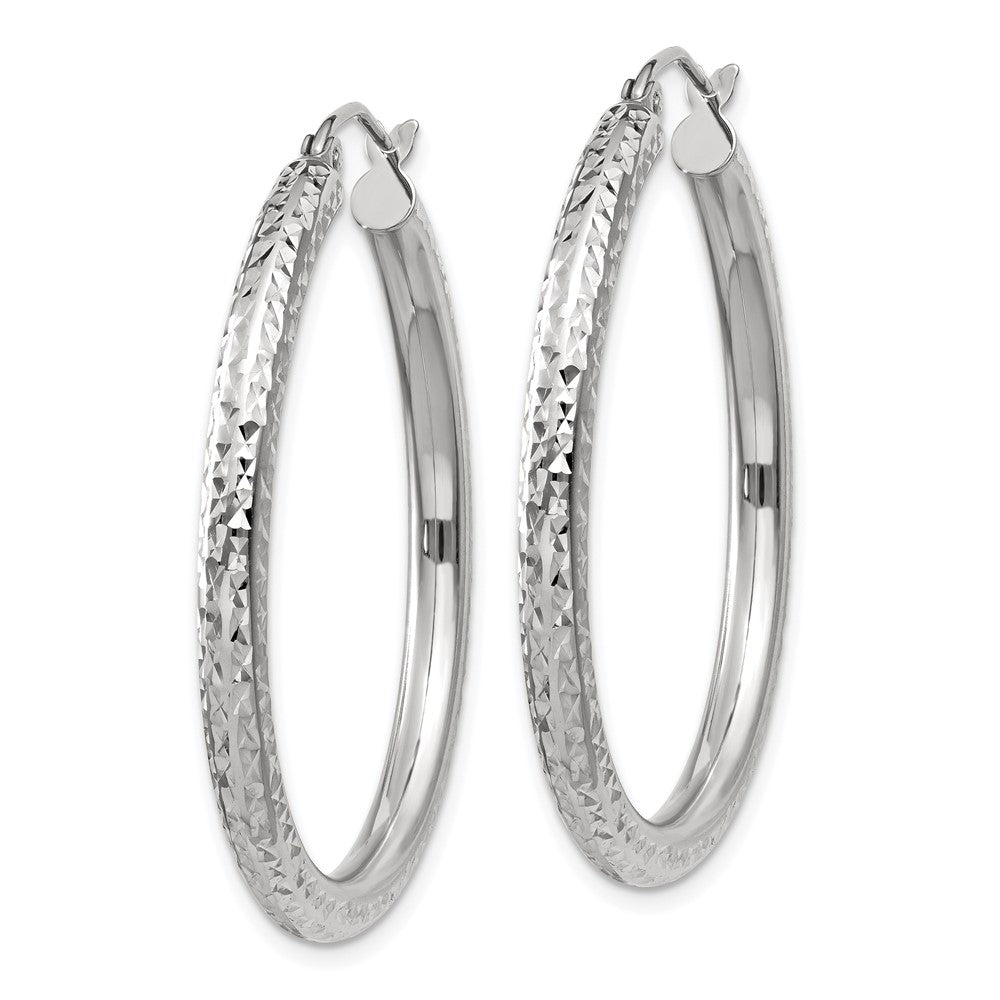 14K White Gold Diamond-Cut 3mm Round Hoop Earrings