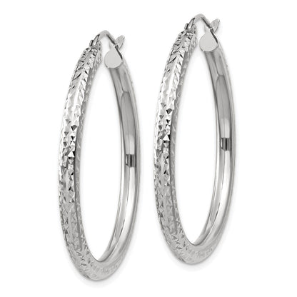 14K White Gold Diamond-Cut 3mm Round Hoop Earrings
