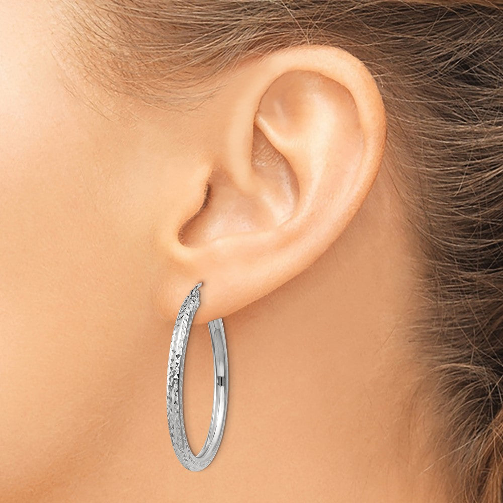 14K White Gold Diamond-Cut 3mm Round Hoop Earrings