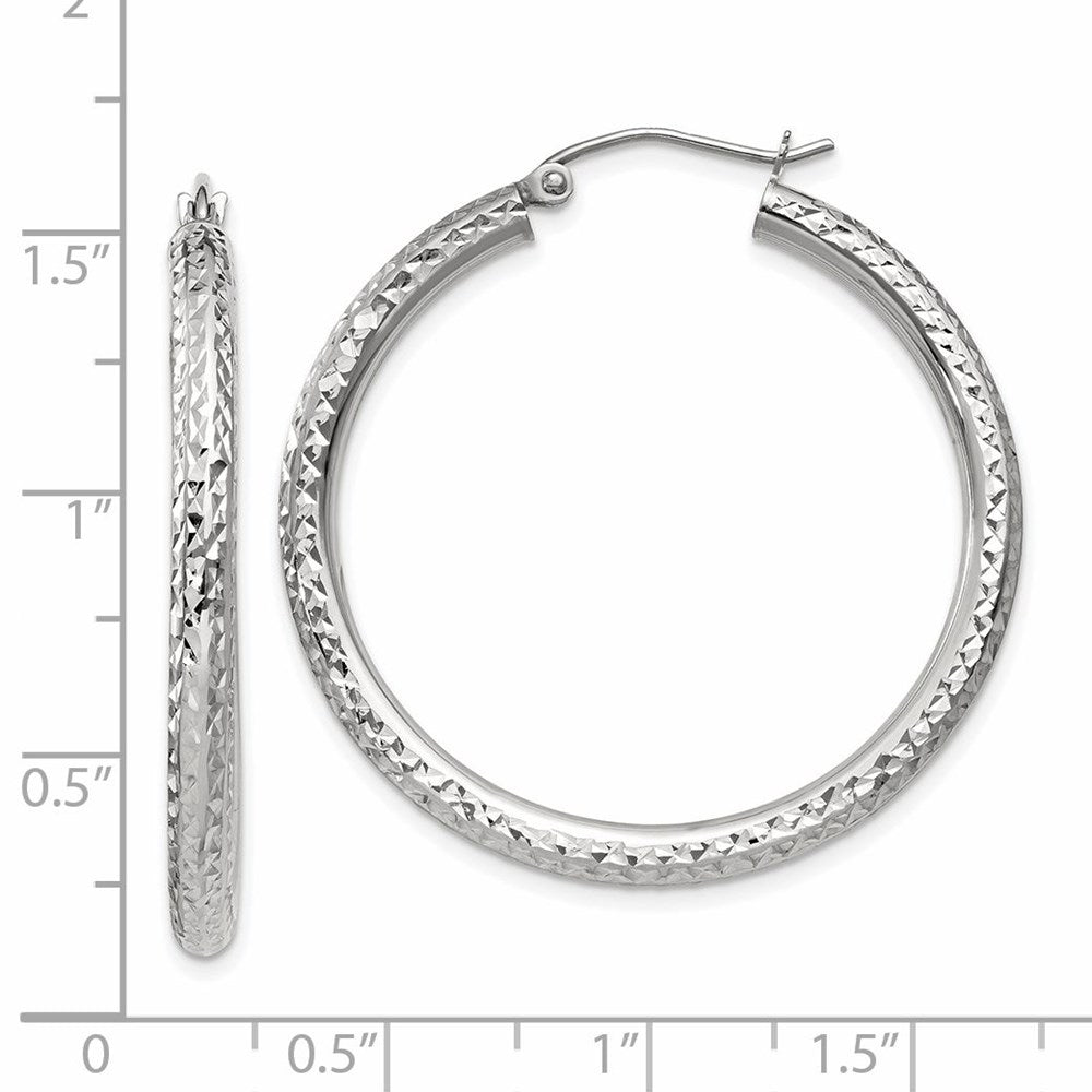 14K White Gold Diamond-Cut 3mm Round Hoop Earrings