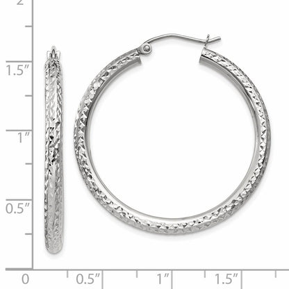 14K White Gold Diamond-Cut 3mm Round Hoop Earrings
