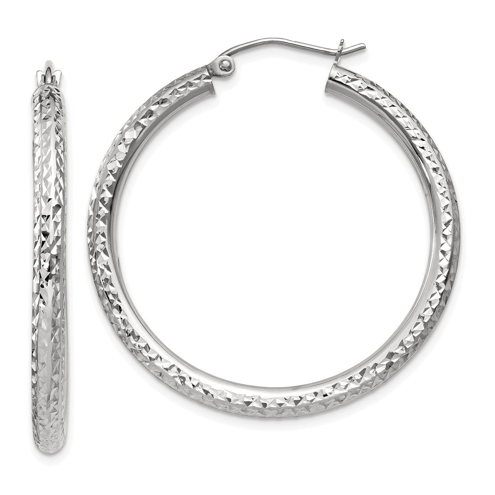 14K White Gold Diamond-Cut 3mm Round Hoop Earrings