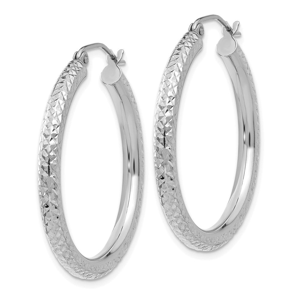 14K White Gold Diamond-Cut 3mm Round Hoop Earrings
