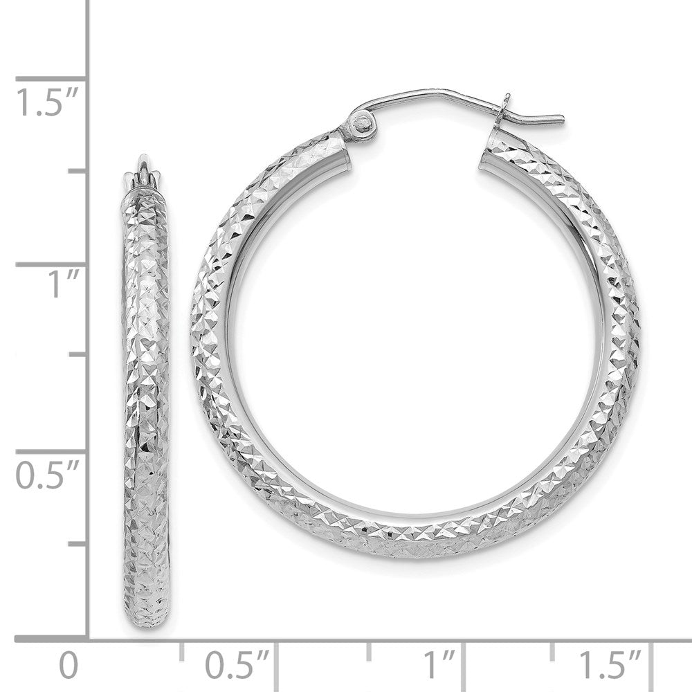 14K White Gold Diamond-Cut 3mm Round Hoop Earrings