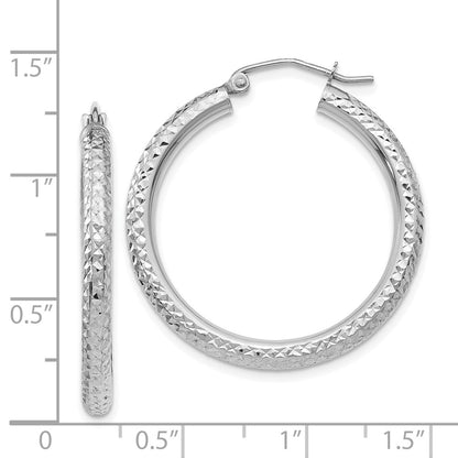 14K White Gold Diamond-Cut 3mm Round Hoop Earrings