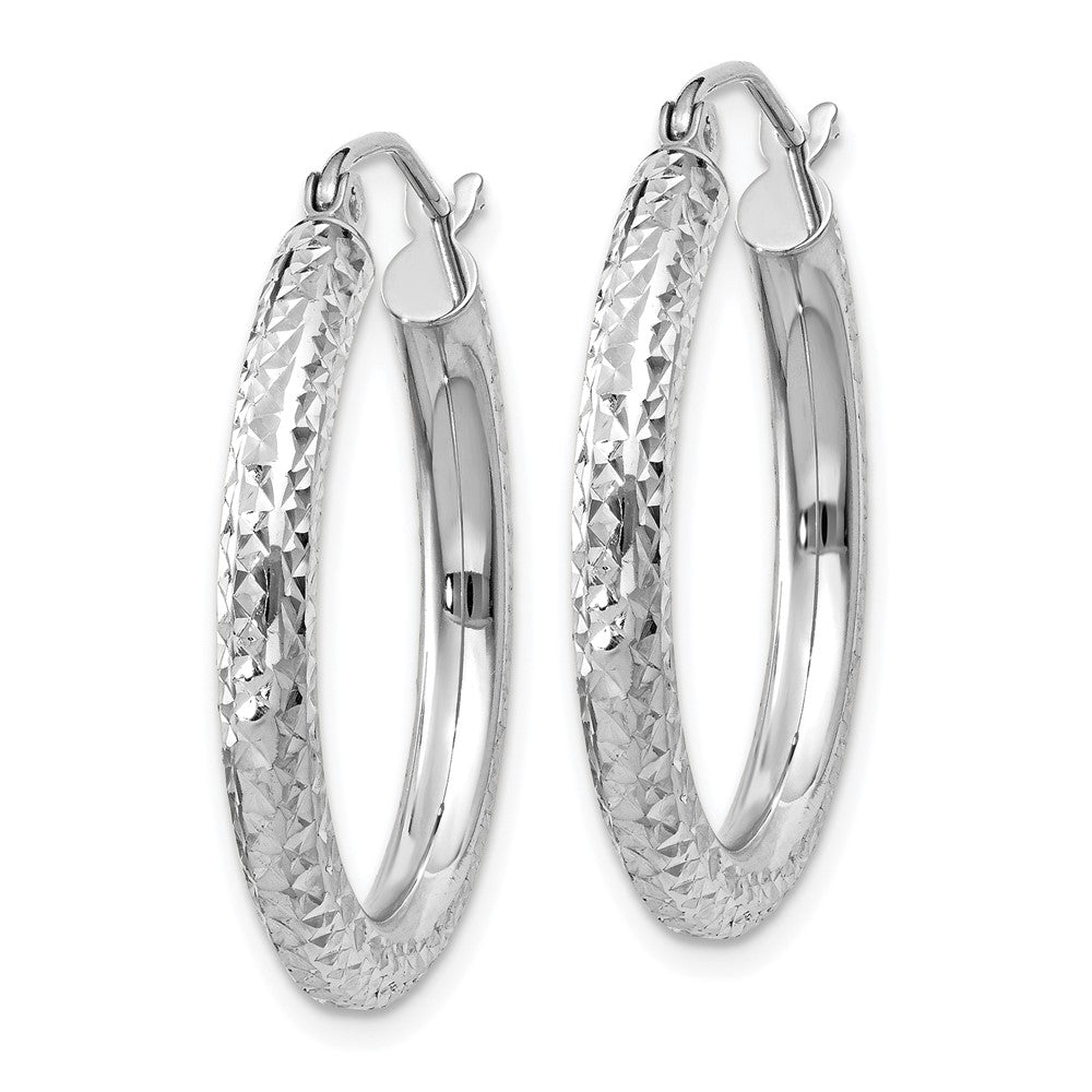 14K White Gold Diamond-Cut 3mm Round Hoop Earrings