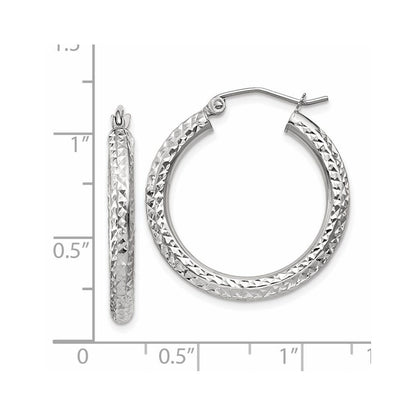 14K White Gold Diamond-Cut 3mm Round Hoop Earrings