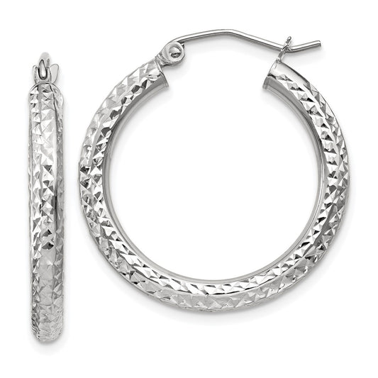 14K White Gold Diamond-Cut 3mm Round Hoop Earrings