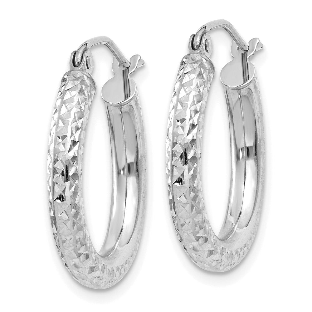 14K White Gold Diamond-Cut 3mm Round Hoop Earrings