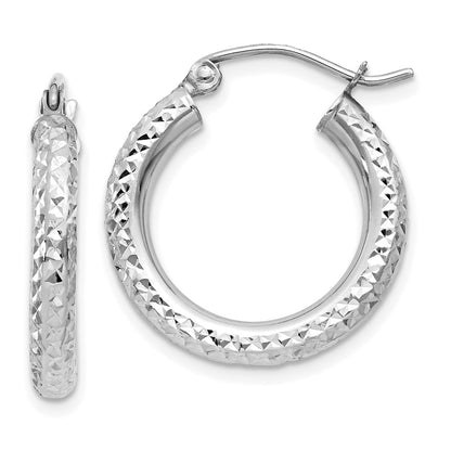 14K White Gold Diamond-Cut 3mm Round Hoop Earrings