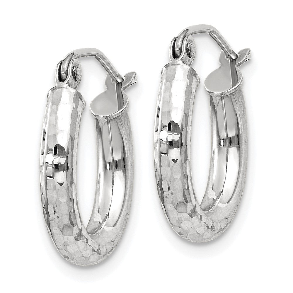 14K White Gold Diamond-Cut 3mm Round Hoop Earrings