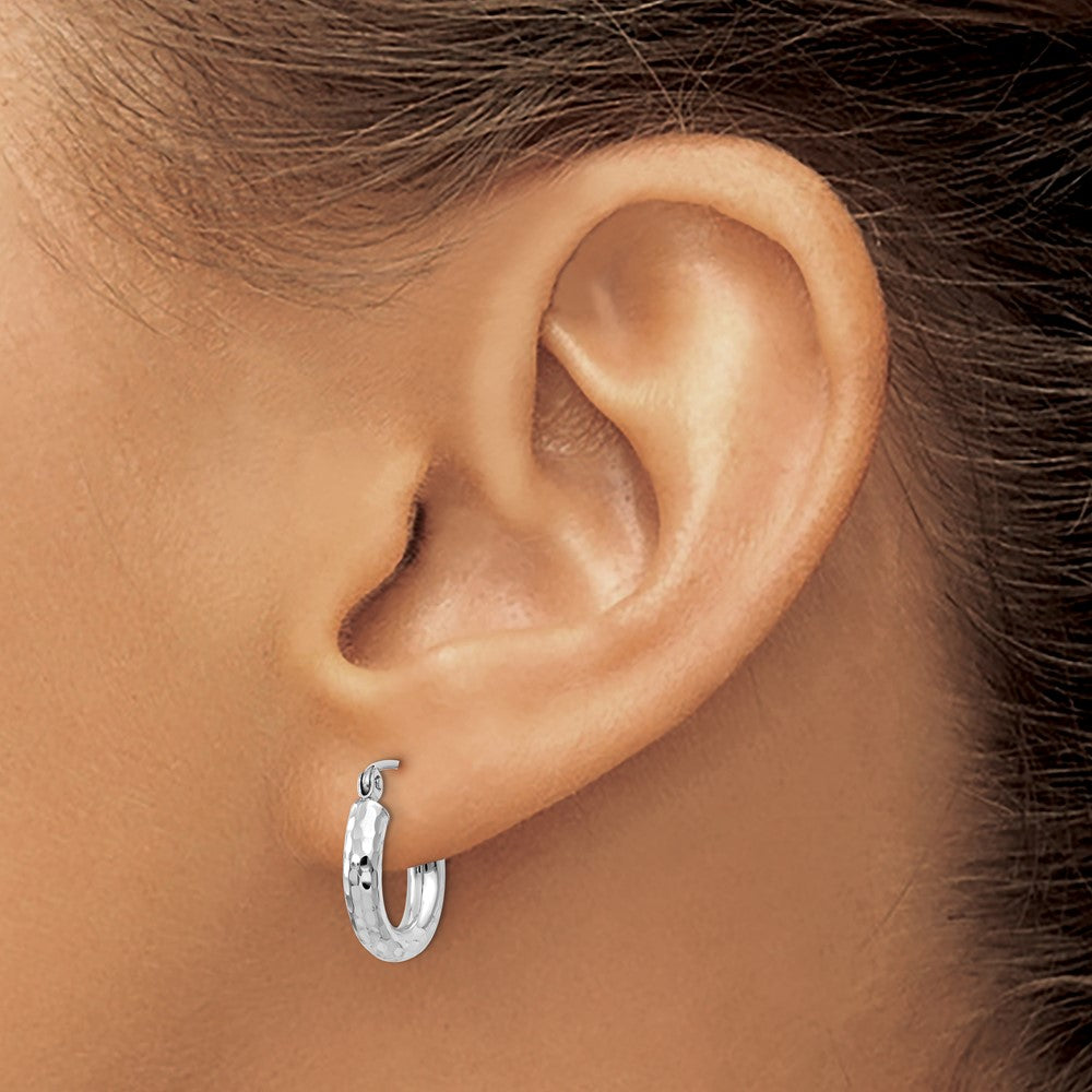 14K White Gold Diamond-Cut 3mm Round Hoop Earrings