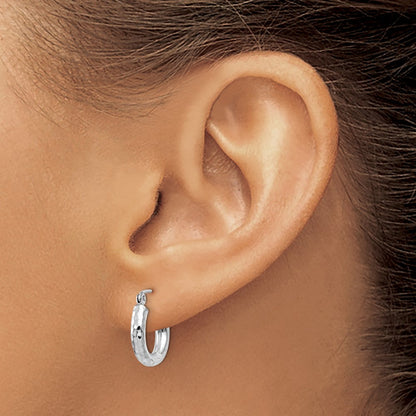 14K White Gold Diamond-Cut 3mm Round Hoop Earrings