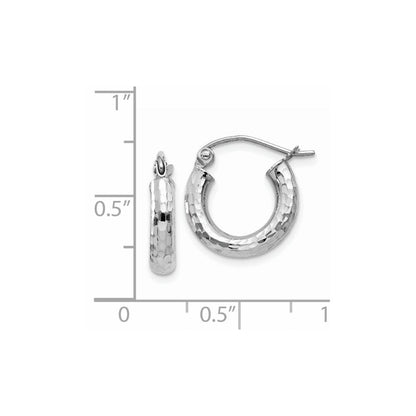 14K White Gold Diamond-Cut 3mm Round Hoop Earrings