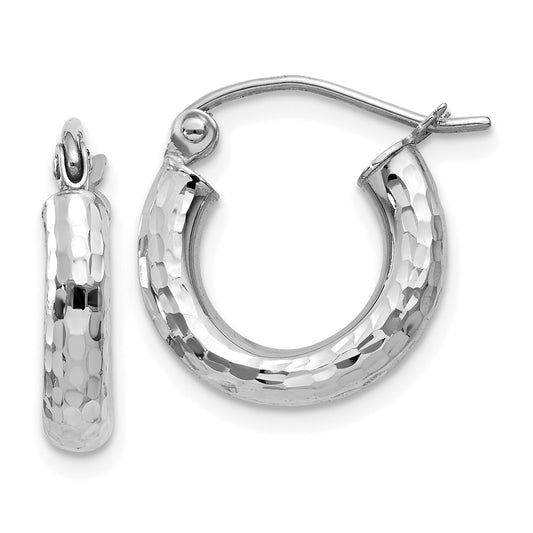 14K White Gold Diamond-Cut 3mm Round Hoop Earrings