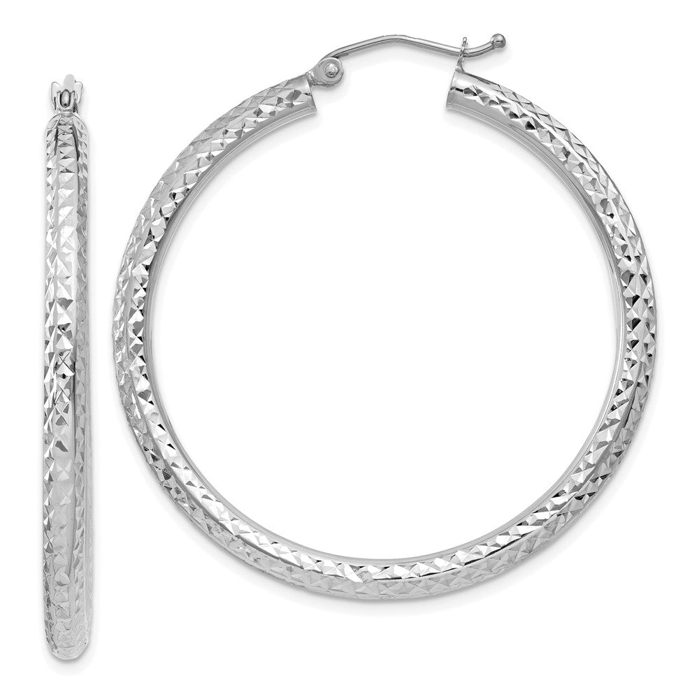 14K White Gold Diamond-Cut 3mm Round Hoop Earrings