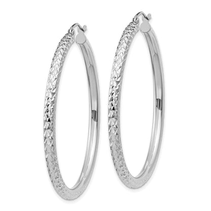 14K White Gold Diamond-Cut 3mm Round Hoop Earrings
