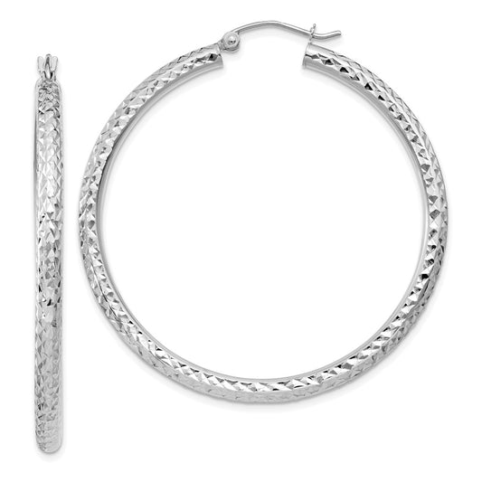 14K White Gold Diamond-Cut 3mm Round Hoop Earrings