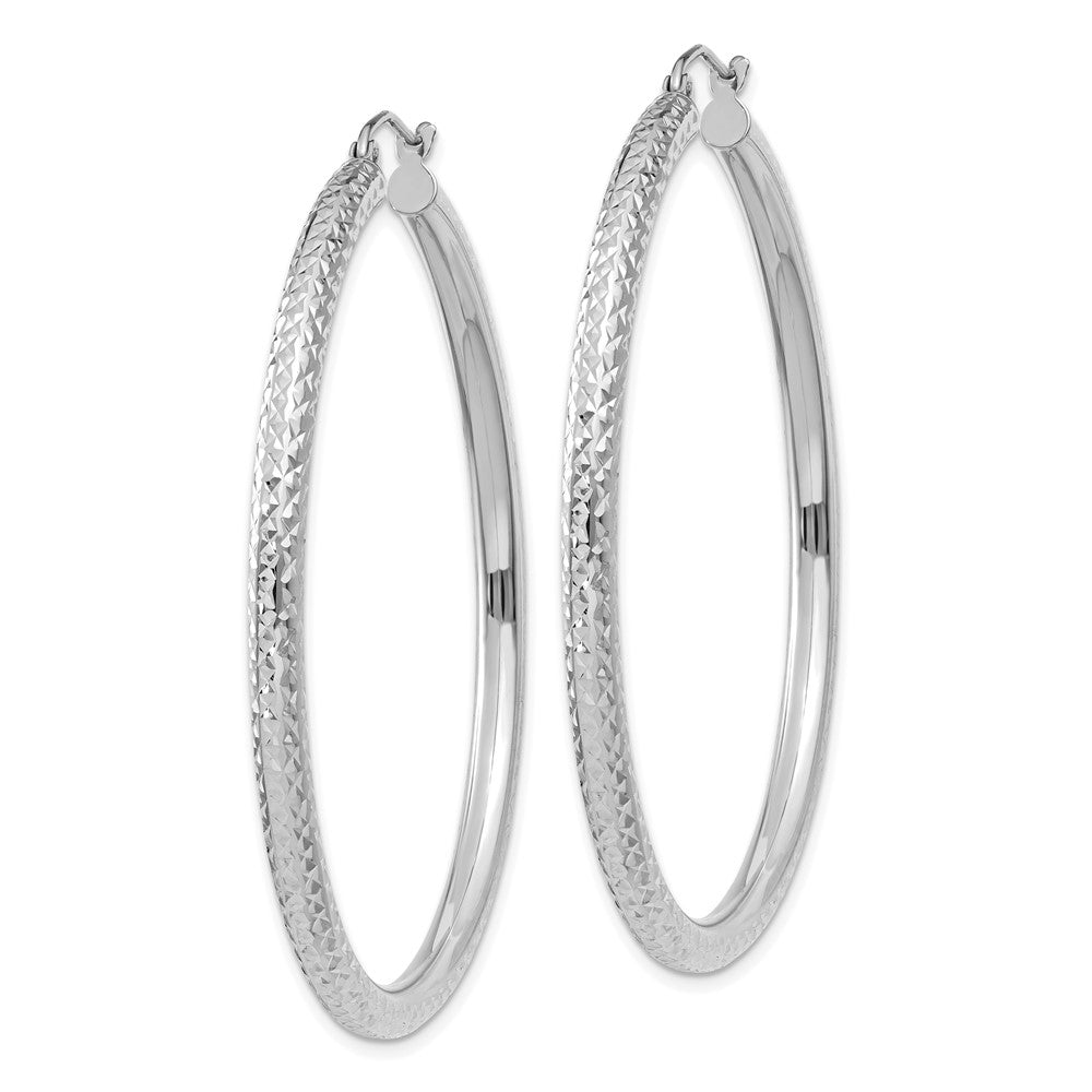 14K White Gold Diamond-Cut 3mm Round Hoop Earrings