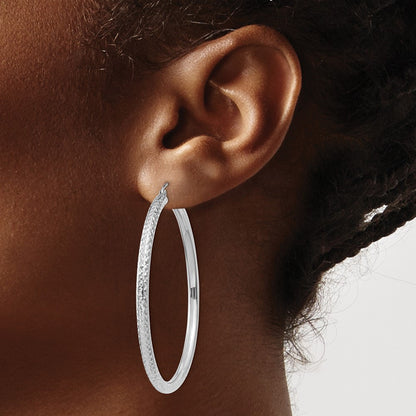14K White Gold Diamond-Cut 3mm Round Hoop Earrings