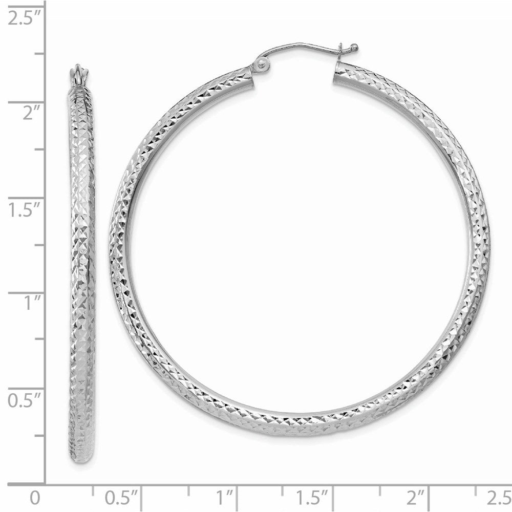 14K White Gold Diamond-Cut 3mm Round Hoop Earrings