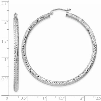 14K White Gold Diamond-Cut 3mm Round Hoop Earrings