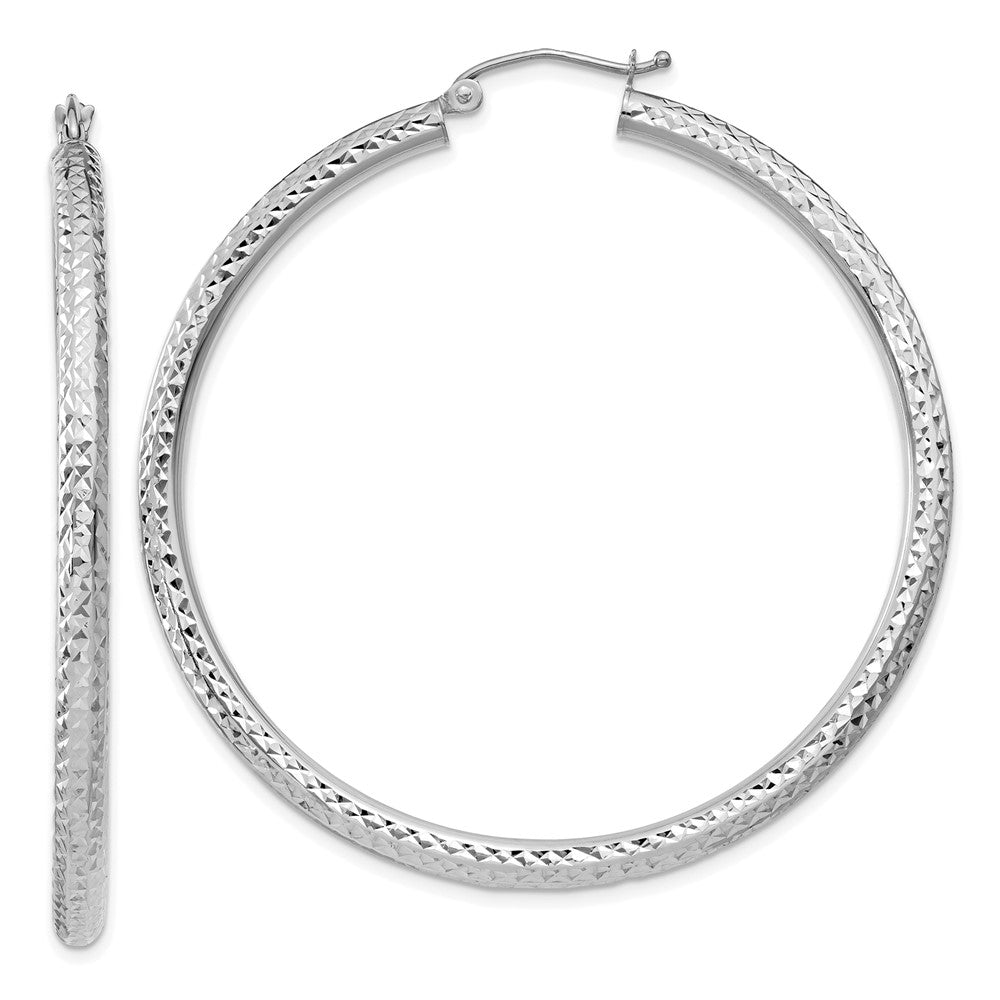 14K White Gold Diamond-Cut 3mm Round Hoop Earrings