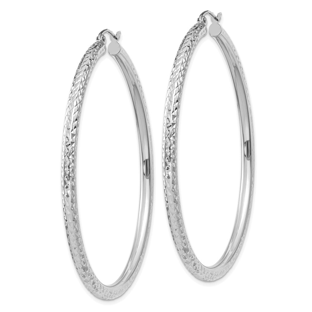 14K White Gold Diamond-Cut 3mm Round Hoop Earrings