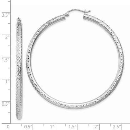 14K White Gold Diamond-Cut 3mm Round Hoop Earrings