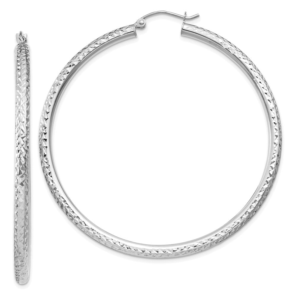 14K White Gold Diamond-Cut 3mm Round Hoop Earrings