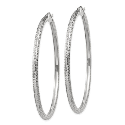 14K White Gold Diamond-Cut 3mm Round Hoop Earrings