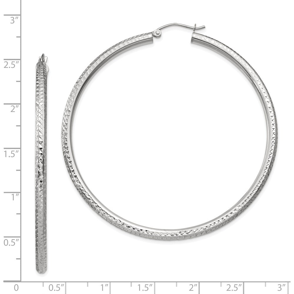 14K White Gold Diamond-Cut 3mm Round Hoop Earrings
