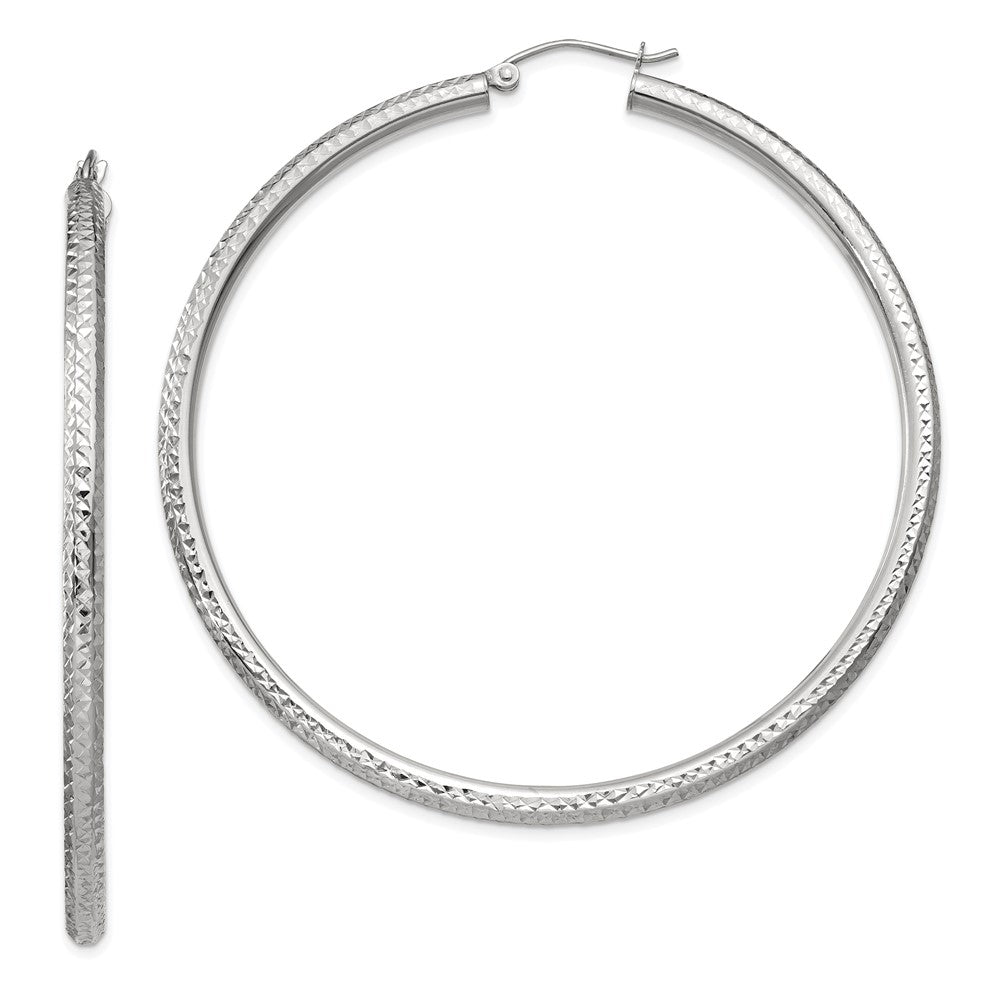 14K White Gold Diamond-Cut 3mm Round Hoop Earrings