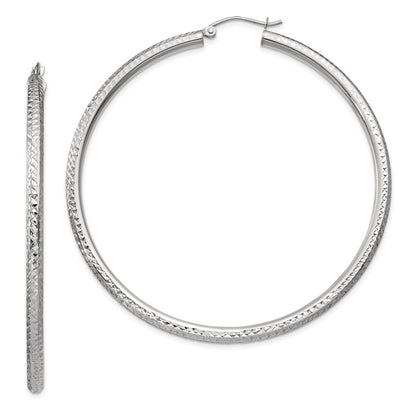 14K White Gold Diamond-Cut 3mm Round Hoop Earrings