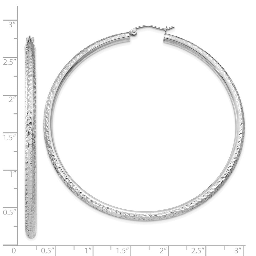 14K White Gold Diamond-Cut 3mm Round Hoop Earrings
