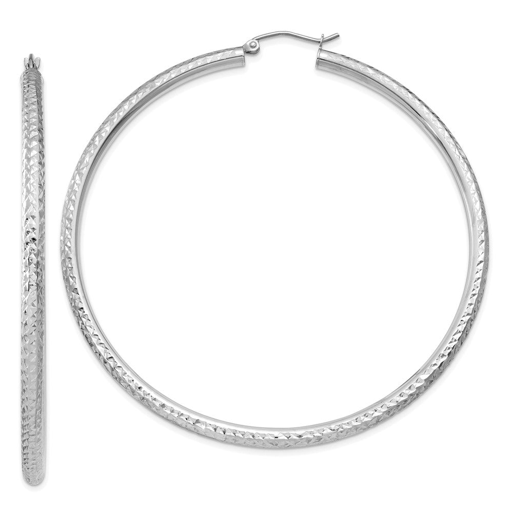 14K White Gold Diamond-Cut 3mm Round Hoop Earrings