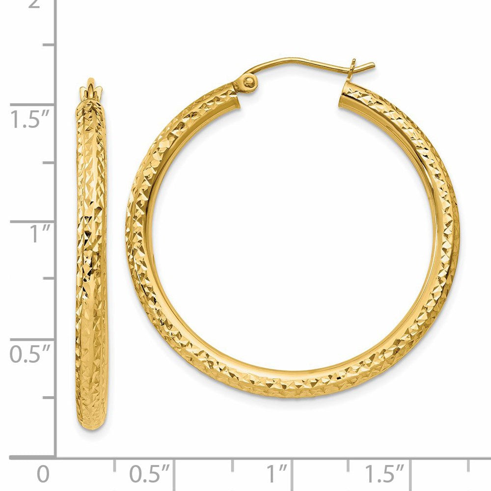 14K Yellow Gold Diamond-Cut 3mm Round Hoop Earrings